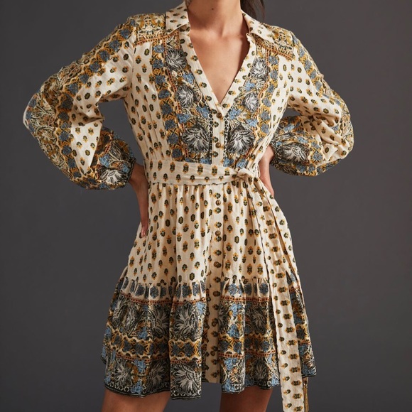 Anthropologie Dresses & Skirts - Anthropologie Floral Embroidered Long Sleeves Cream Silver Mini Shirt Dress XS